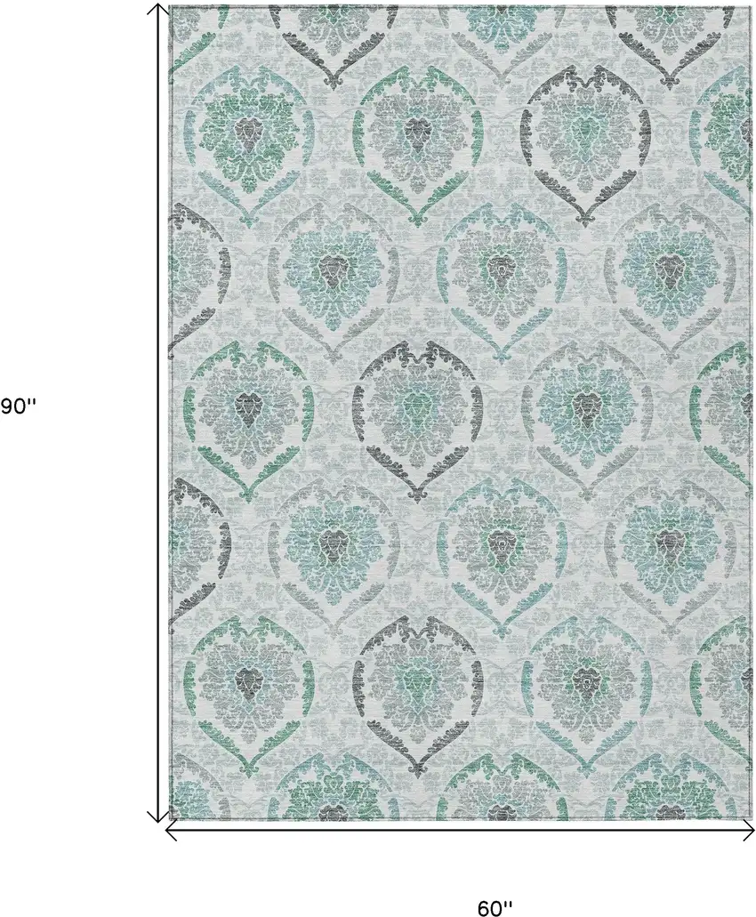 Teal Blue Silver And Gray Medallion Washable Indoor Outdoor Area Rug Photo 3