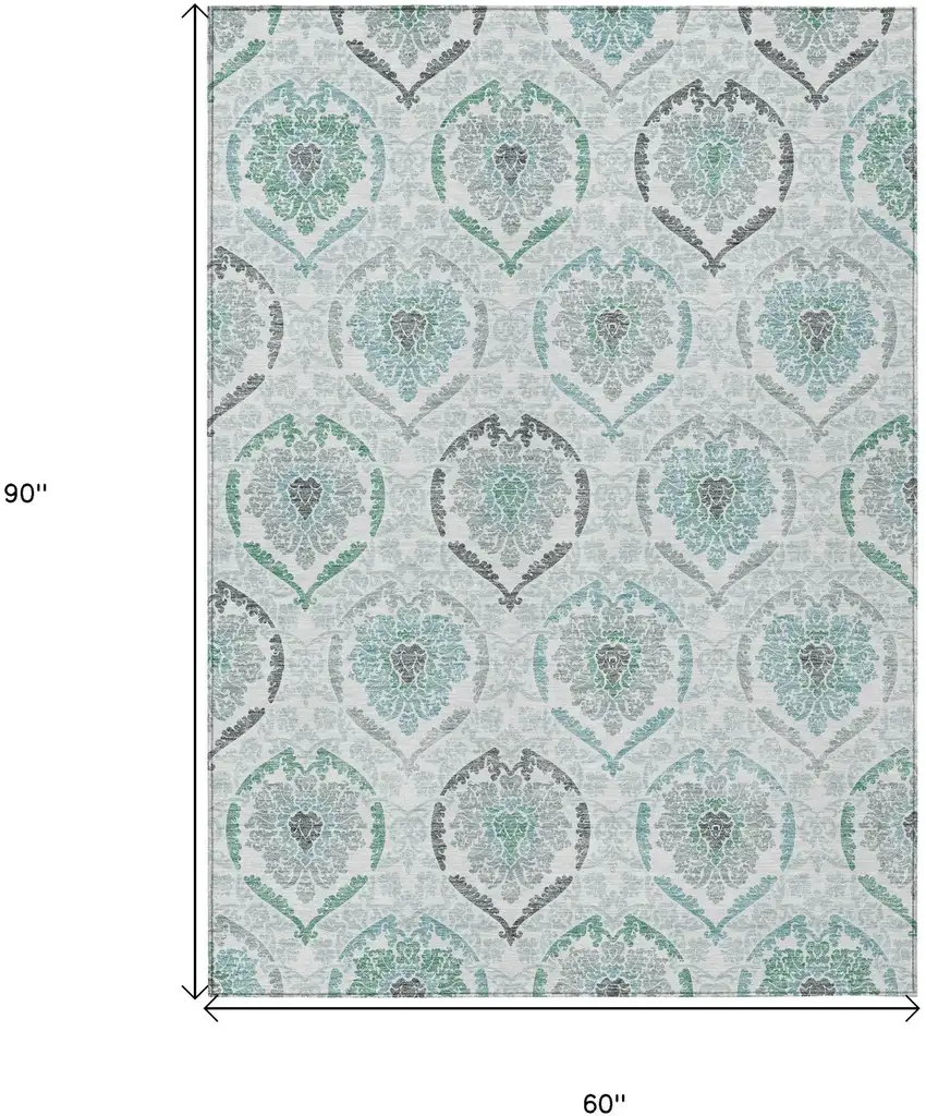 Teal Blue Silver And Gray Medallion Washable Indoor Outdoor Area Rug Photo 3