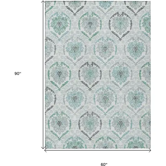 Teal Blue Silver And Gray Medallion Washable Indoor Outdoor Area Rug Photo 3