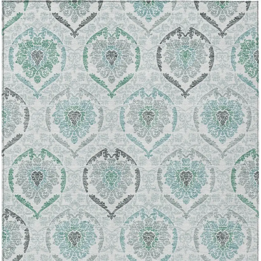 Teal Blue Silver And Gray Medallion Washable Indoor Outdoor Area Rug Photo 7