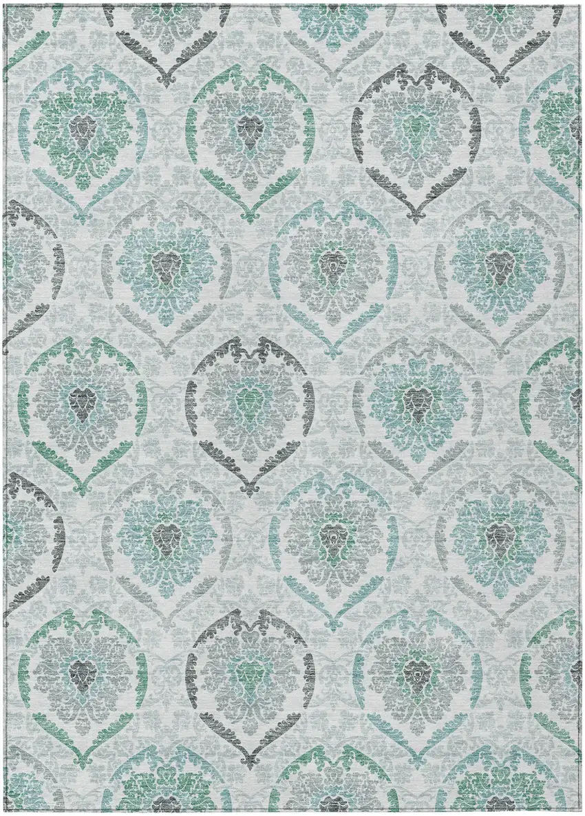 Teal Blue Silver And Gray Medallion Washable Indoor Outdoor Area Rug Photo 2