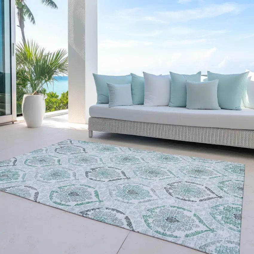Teal Blue Silver And Gray Medallion Washable Indoor Outdoor Area Rug Photo 8