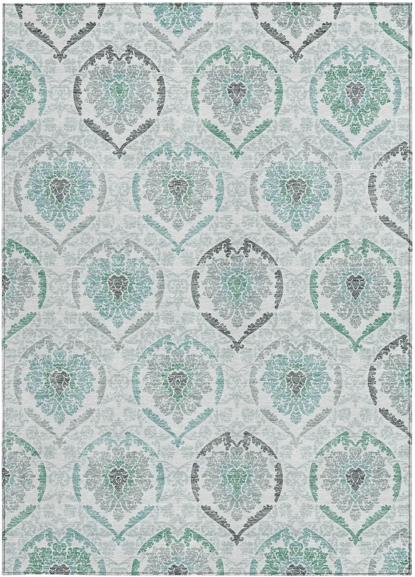 Teal Blue Silver And Gray Medallion Washable Indoor Outdoor Area Rug Photo 6