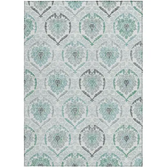 Teal Blue Silver And Gray Medallion Washable Indoor Outdoor Area Rug Photo 6
