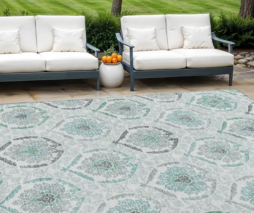 Teal Blue Silver And Gray Medallion Washable Indoor Outdoor Area Rug Photo 1