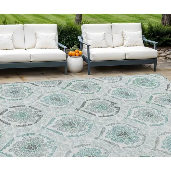 Teal Blue Silver And Gray Medallion Washable Indoor Outdoor Area Rug Photo 1