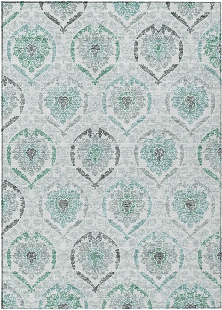 Teal Blue Silver And Gray Medallion Washable Indoor Outdoor Area Rug Photo 2