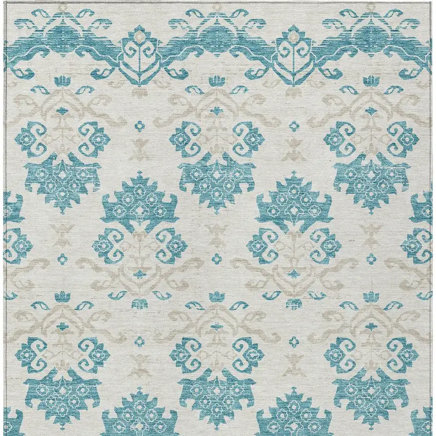Teal Blue Silver And Gray Oriental Washable Indoor Outdoor Area Rug Photo 5