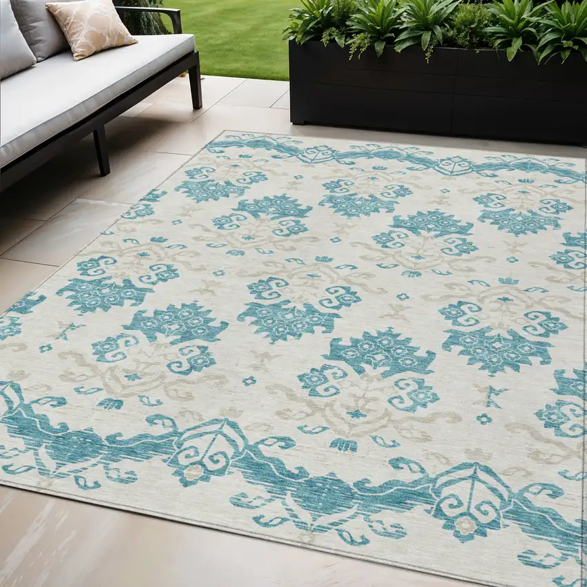 Teal Blue Silver And Gray Oriental Washable Indoor Outdoor Area Rug Photo 1
