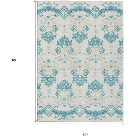 Teal Blue Silver And Gray Oriental Washable Indoor Outdoor Area Rug Photo 8