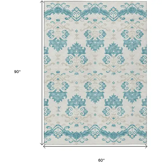 Teal Blue Silver And Gray Oriental Washable Indoor Outdoor Area Rug Photo 8