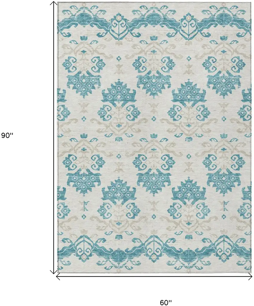 Teal Blue Silver And Gray Oriental Washable Indoor Outdoor Area Rug Photo 8