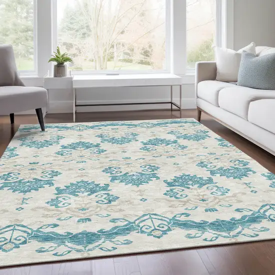 Teal Blue Silver And Gray Oriental Washable Indoor Outdoor Area Rug Photo 6