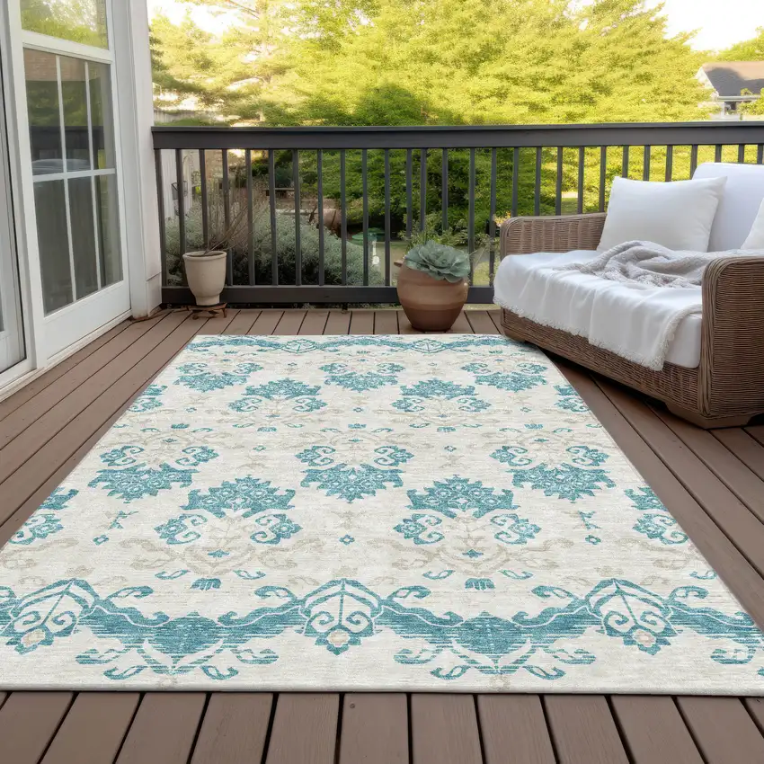 Teal Blue Silver And Gray Oriental Washable Indoor Outdoor Area Rug Photo 7
