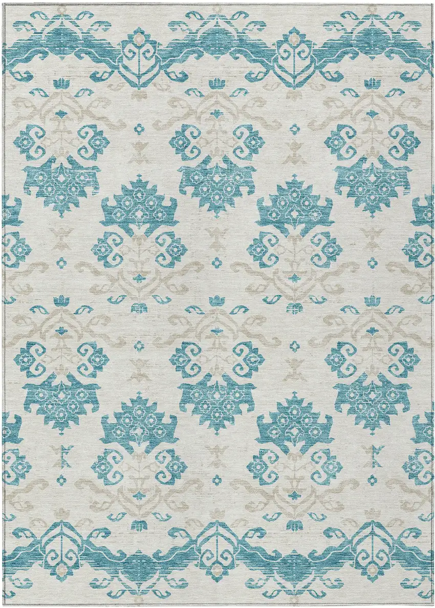 Teal Blue Silver And Gray Oriental Washable Indoor Outdoor Area Rug Photo 1