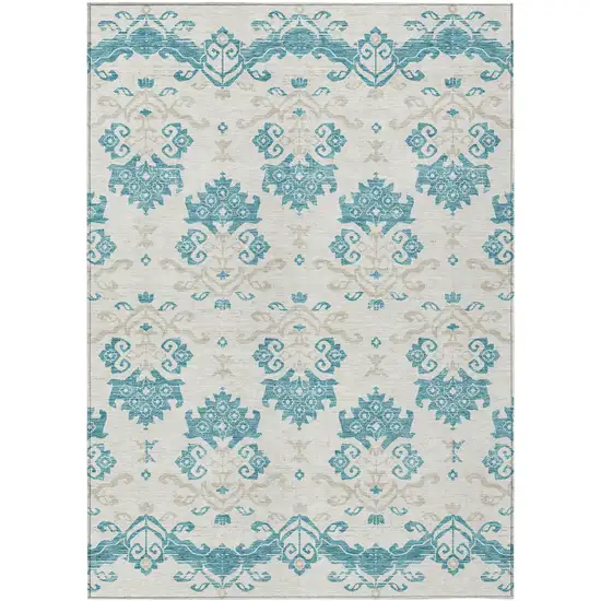 Teal Blue Silver And Gray Oriental Washable Indoor Outdoor Area Rug Photo 1