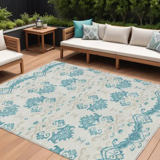 Teal Blue Silver And Gray Oriental Washable Indoor Outdoor Area Rug Photo 1