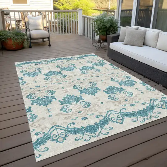 Teal Blue Silver And Gray Oriental Washable Indoor Outdoor Area Rug Photo 8