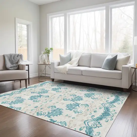 Teal Blue Silver And Gray Oriental Washable Indoor Outdoor Area Rug Photo 7