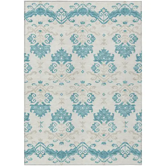 Teal Blue Silver And Gray Oriental Washable Indoor Outdoor Area Rug Photo 1