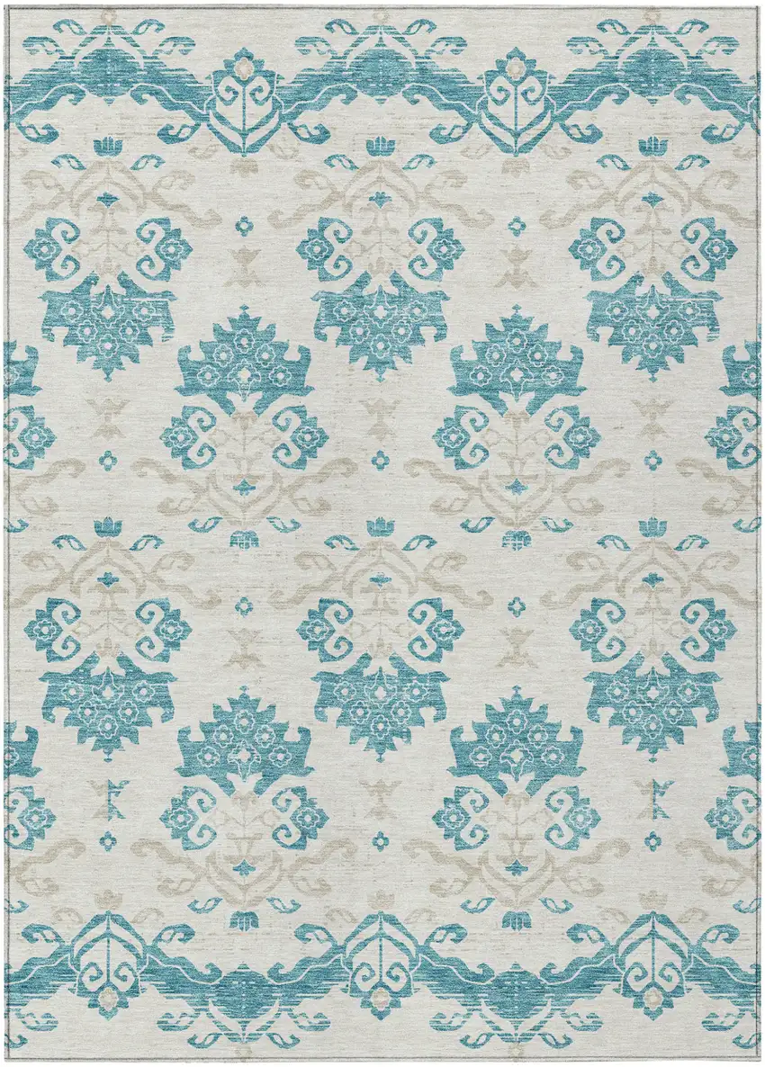 Teal Blue Silver And Gray Oriental Washable Indoor Outdoor Area Rug Photo 1