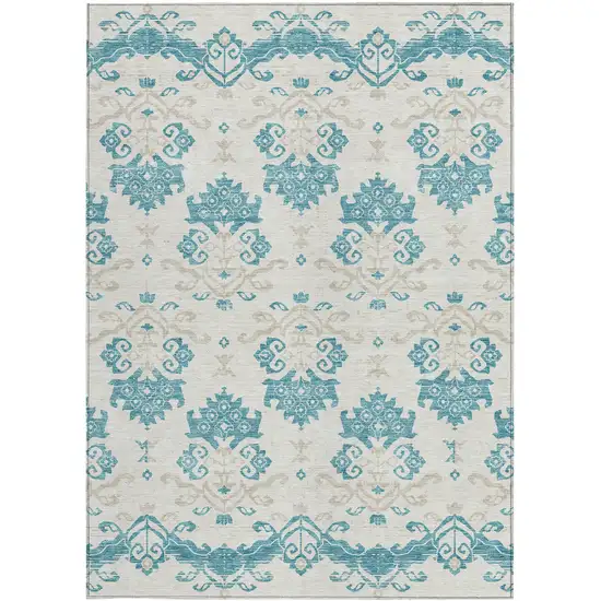 Teal Blue Silver And Gray Oriental Washable Indoor Outdoor Area Rug Photo 4