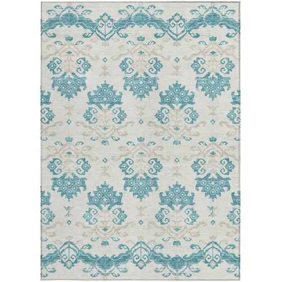 Teal Blue Silver And Gray Oriental Washable Indoor Outdoor Area Rug Photo 4