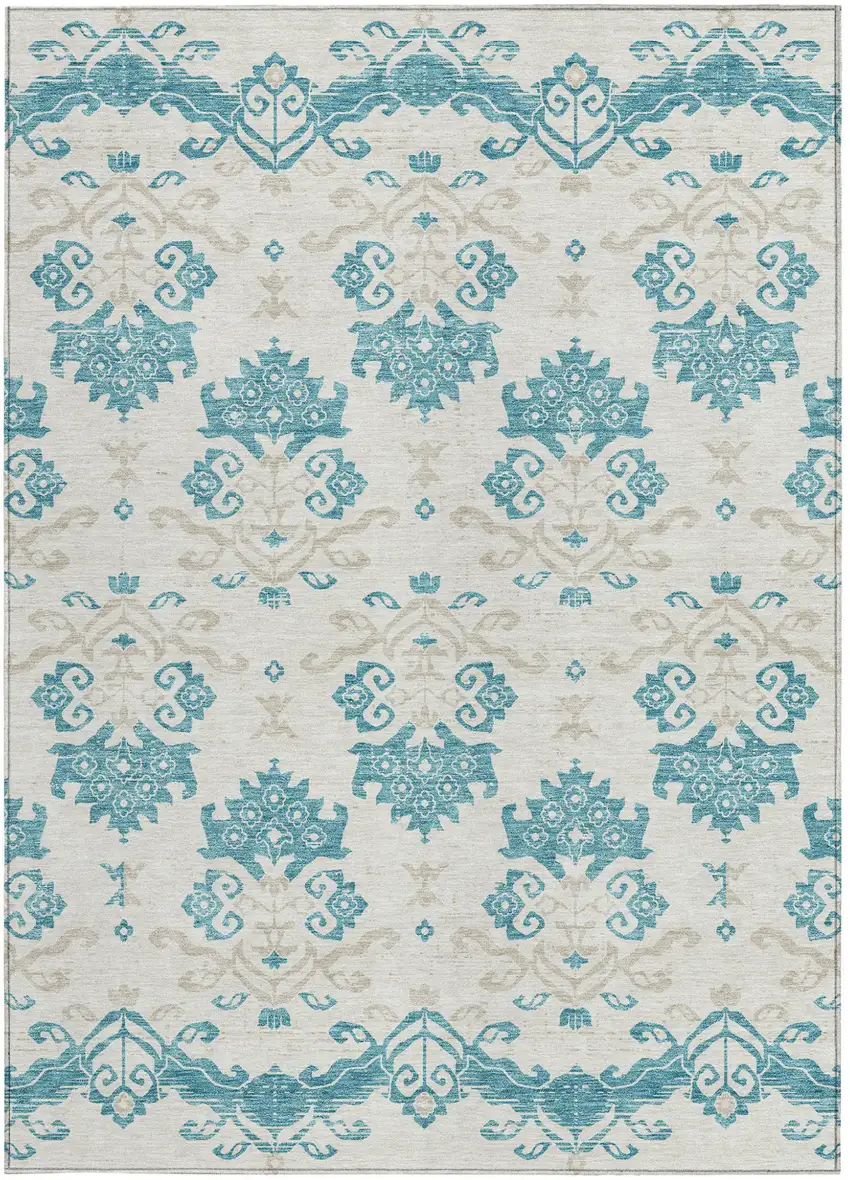 Teal Blue Silver And Gray Oriental Washable Indoor Outdoor Area Rug Photo 4