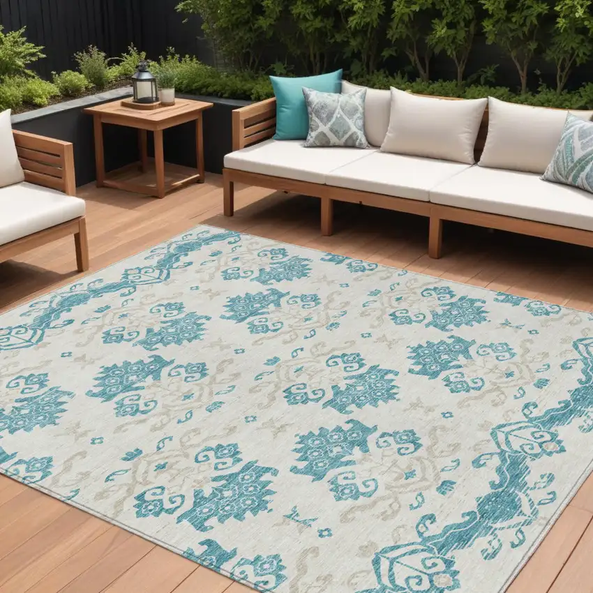 Teal Blue Silver And Gray Oriental Washable Indoor Outdoor Area Rug Photo 1