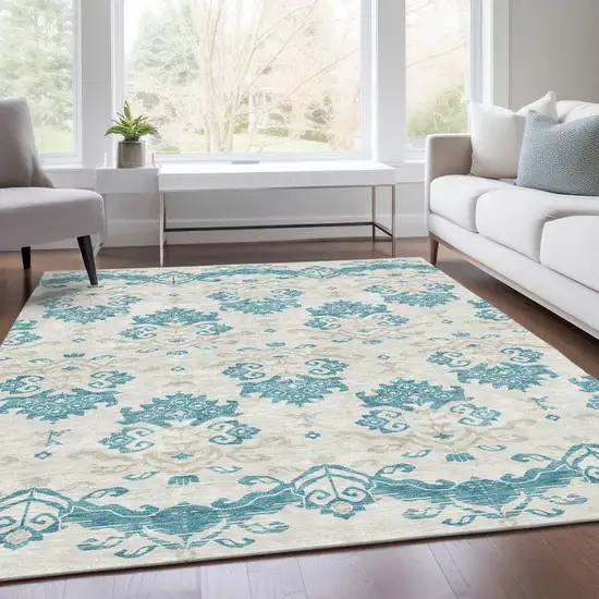 Teal Blue Silver And Gray Oriental Washable Indoor Outdoor Area Rug Photo 6