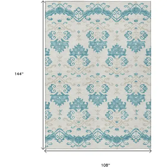 Teal Blue Silver And Gray Oriental Washable Indoor Outdoor Area Rug Photo 9