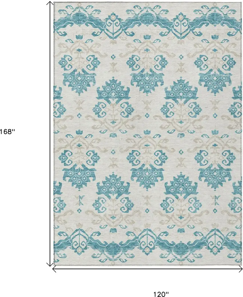Teal Blue Silver And Gray Oriental Washable Indoor Outdoor Area Rug Photo 8