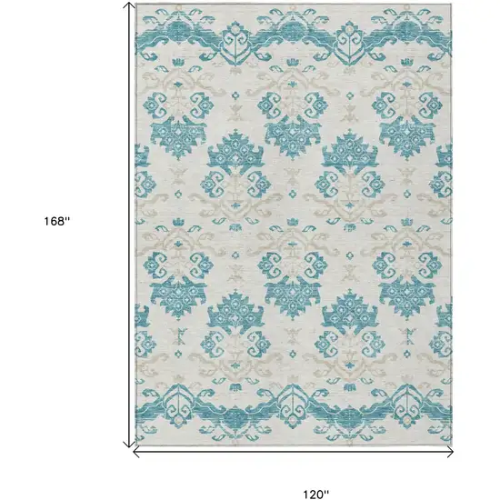 Teal Blue Silver And Gray Oriental Washable Indoor Outdoor Area Rug Photo 8