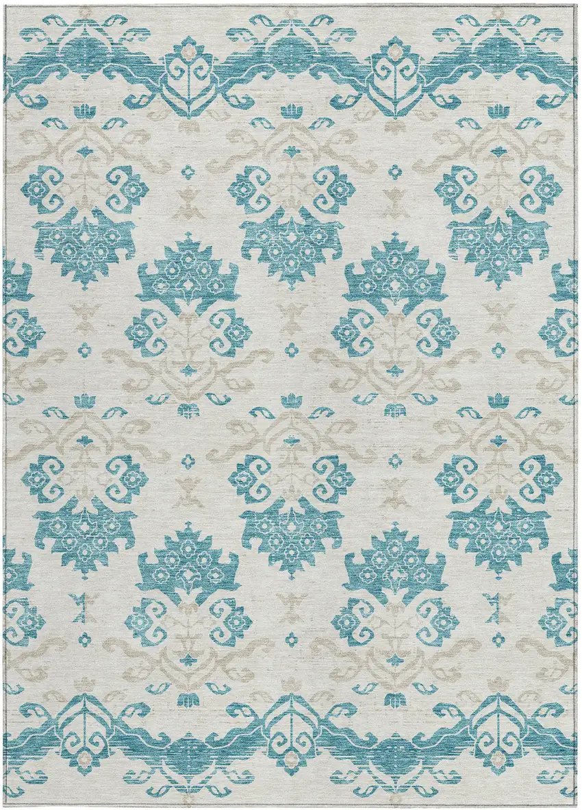 Teal Blue Silver And Gray Oriental Washable Indoor Outdoor Area Rug Photo 5