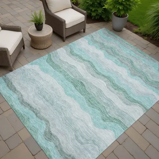 Teal Blue Silver And Gray Striped Washable Indoor Outdoor Area Rug Photo 7