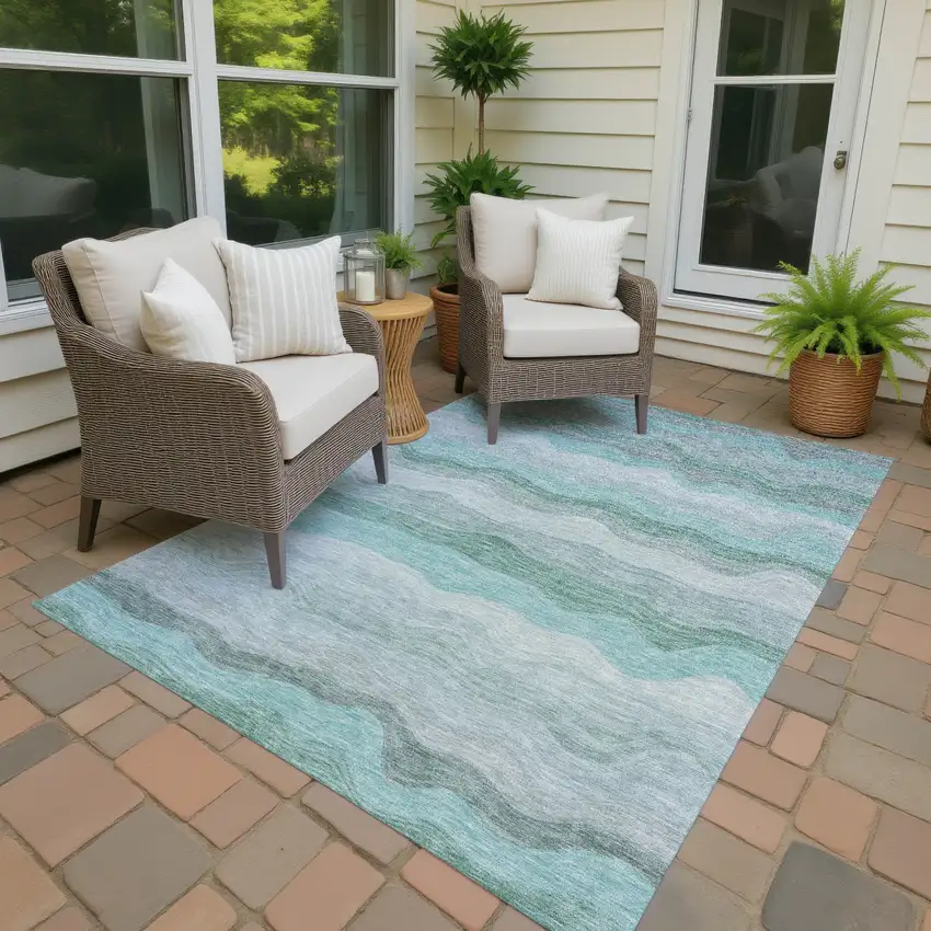 Teal Blue Silver And Gray Striped Washable Indoor Outdoor Area Rug Photo 4