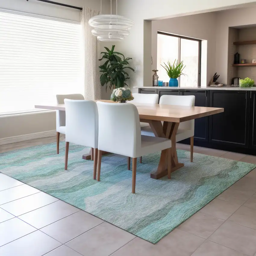 Teal Blue Silver And Gray Striped Washable Indoor Outdoor Area Rug Photo 5