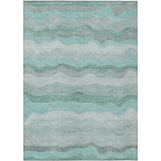 Teal Blue Silver And Gray Striped Washable Indoor Outdoor Area Rug Photo 9
