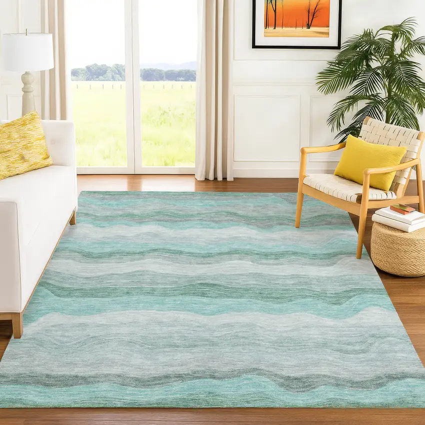Teal Blue Silver And Gray Striped Washable Indoor Outdoor Area Rug Photo 5