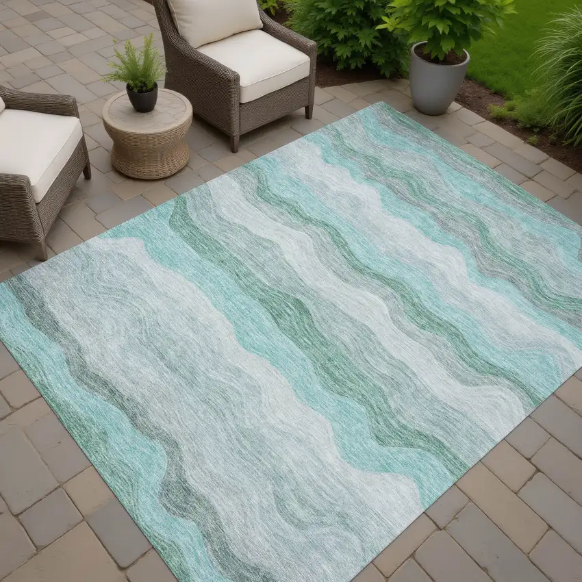 Teal Blue Silver And Gray Striped Washable Indoor Outdoor Area Rug Photo 7