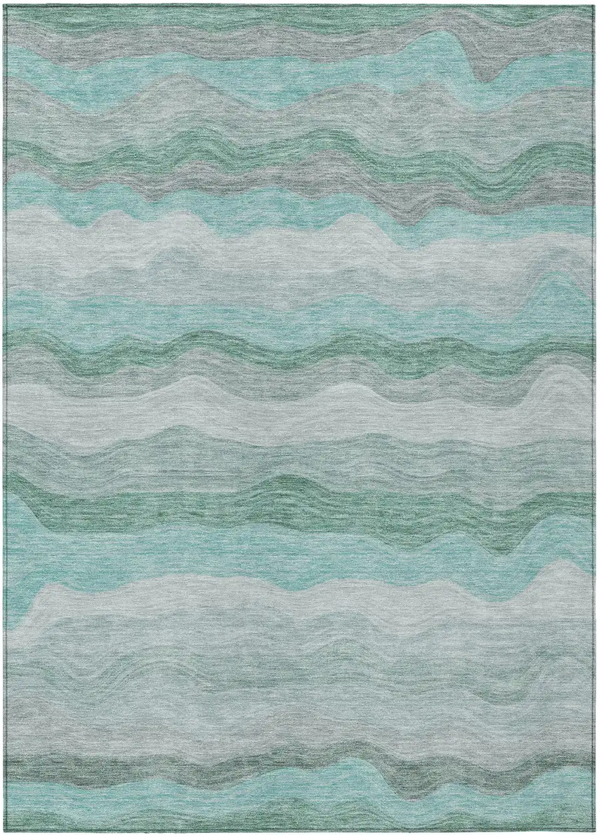 Teal Blue Silver And Gray Striped Washable Indoor Outdoor Area Rug Photo 8