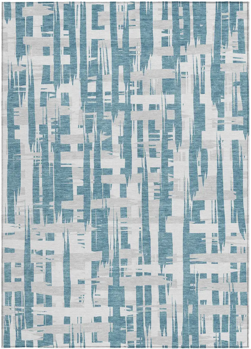 Teal Blue Silver And Ivory Striped Washable Indoor Outdoor Area Rug Photo 3