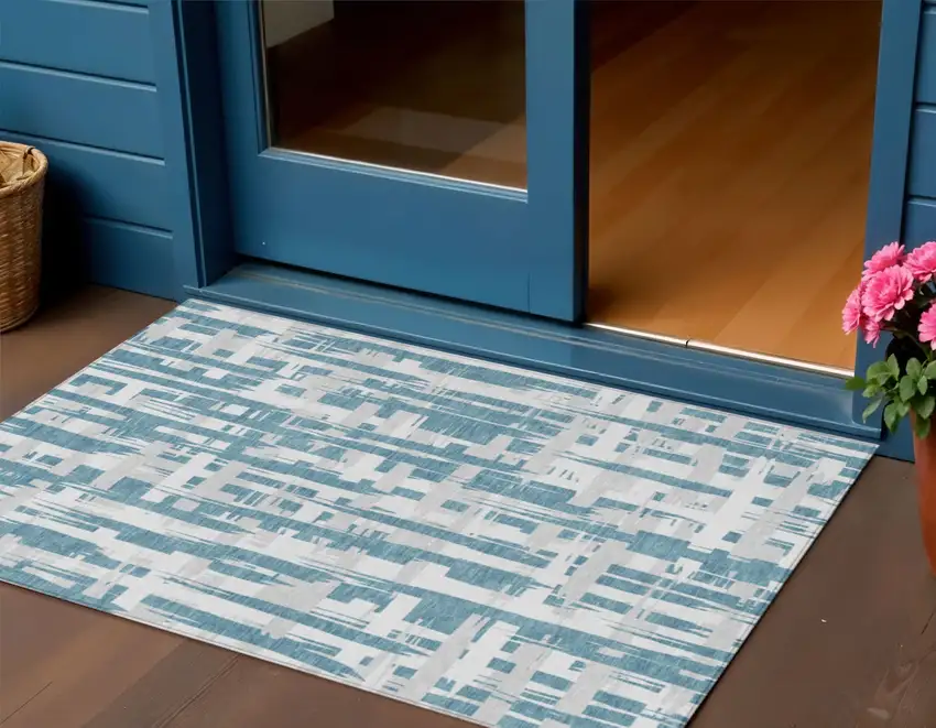 Teal Blue Silver And Ivory Striped Washable Indoor Outdoor Area Rug Photo 2