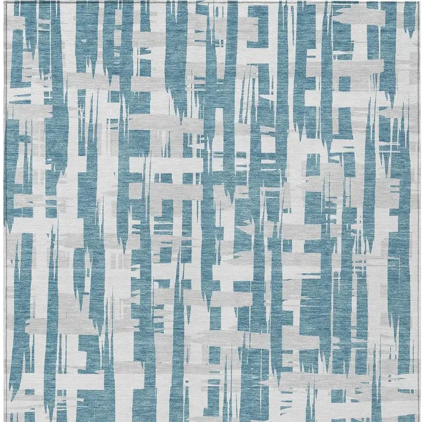 Teal Blue Silver And Ivory Striped Washable Indoor Outdoor Area Rug Photo 4