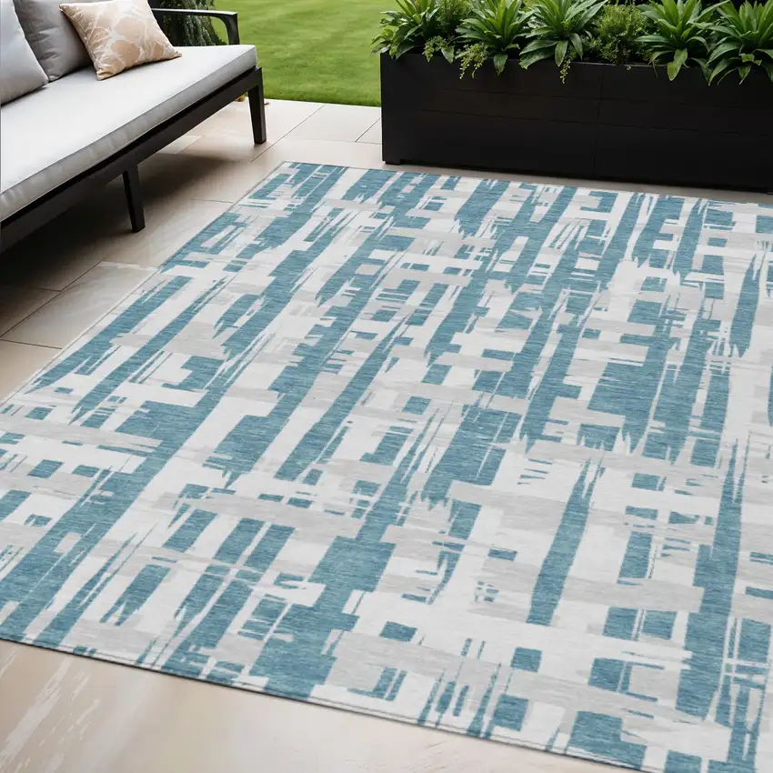 Teal Blue Silver And Ivory Striped Washable Indoor Outdoor Area Rug Photo 2