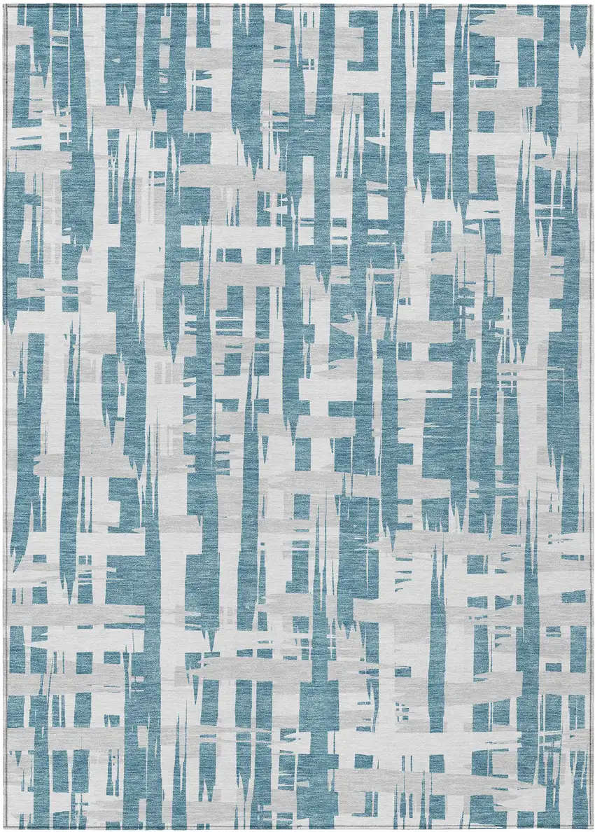 Teal Blue Silver And Ivory Striped Washable Indoor Outdoor Area Rug Photo 1