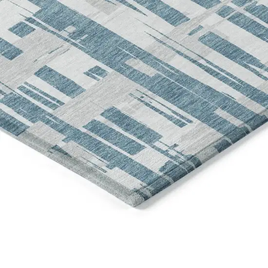 Teal Blue Silver And Ivory Striped Washable Indoor Outdoor Area Rug Photo 9