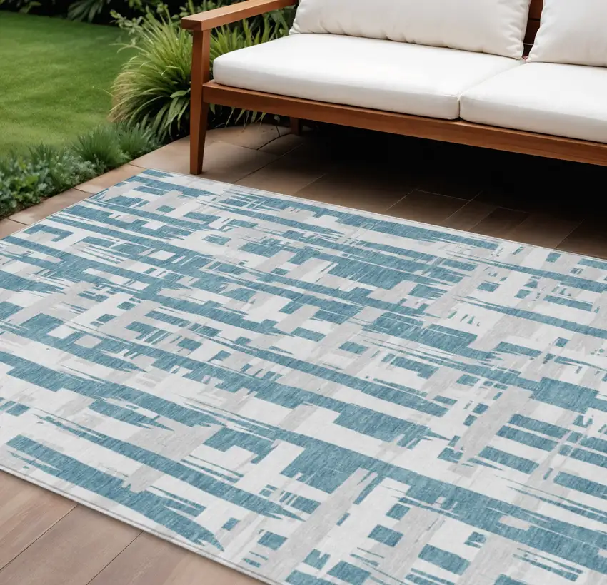 Teal Blue Silver And Ivory Striped Washable Indoor Outdoor Area Rug Photo 2