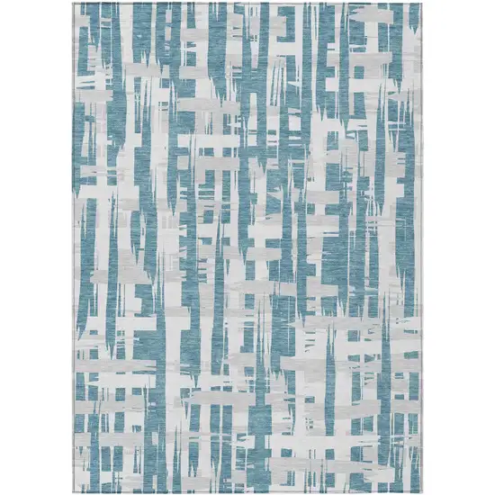Teal Blue Silver And Ivory Striped Washable Indoor Outdoor Area Rug Photo 1