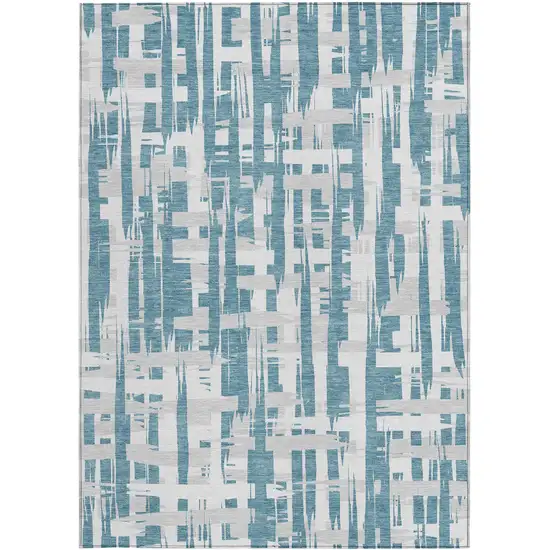 Teal Blue Silver And Ivory Striped Washable Indoor Outdoor Area Rug Photo 3